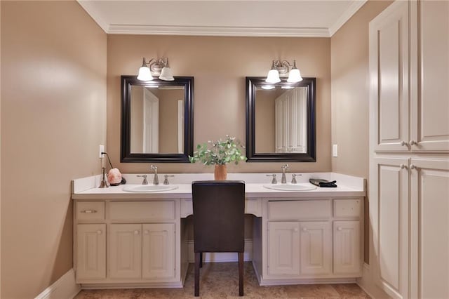 bathroom featuring large vanity, dual sinks, and crown molding