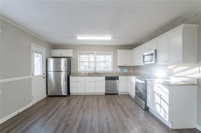 kitchen featuring white cabinets, dark hardwood / wood-style flooring, sink, and appliances with stainless steel finishes