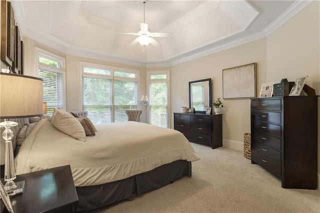 4404 Old Georgetown Trl, Atlanta, GA 30338 - bedroom with light colored carpet, crown molding, a raised ceiling, ceiling fan, and baseboards