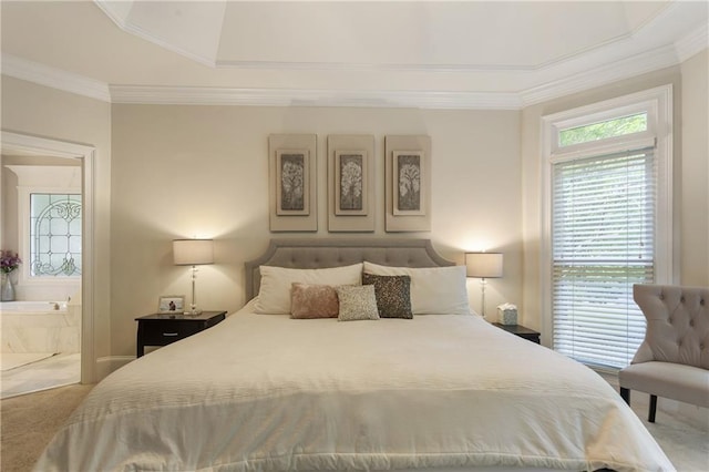 4404 Old Georgetown Trl, Atlanta, GA 30338 - bedroom featuring ornamental molding, carpet flooring, and ensuite bath