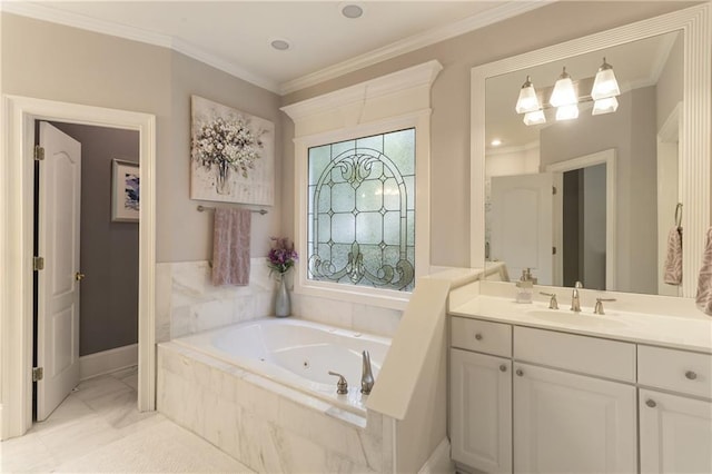 4404 Old Georgetown Trl, Atlanta, GA 30338 - bathroom featuring a tub with jets, vanity, crown molding, and baseboards
