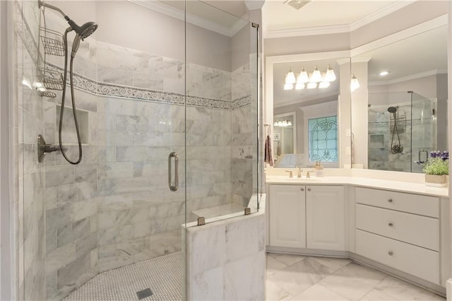 4404 Old Georgetown Trl, Atlanta, GA 30338 - full bathroom with ornamental molding, a shower stall, vanity, marble look tile flooring, and recessed lighting