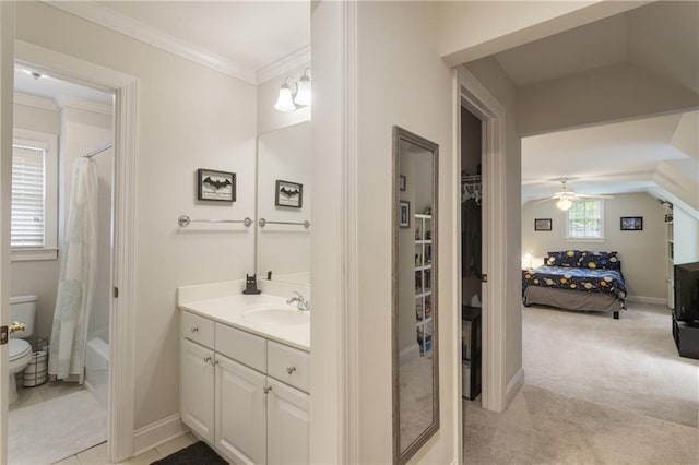 4404 Old Georgetown Trl, Atlanta, GA 30338 - full bathroom featuring toilet, vanity, a ceiling fan, crown molding, and baseboards