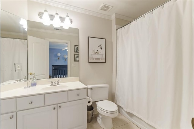 4404 Old Georgetown Trl, Atlanta, GA 30338 - bathroom featuring toilet, tile patterned flooring, ornamental molding, vanity, and curtained shower