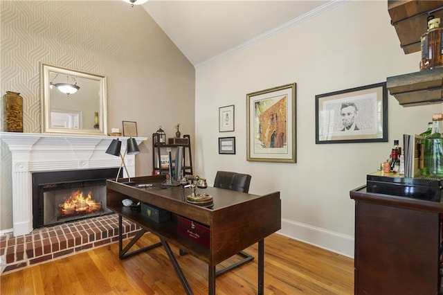 4404 Old Georgetown Trl, Atlanta, GA 30338 - office space with lofted ceiling, a fireplace, crown molding, wood finished floors, and baseboards