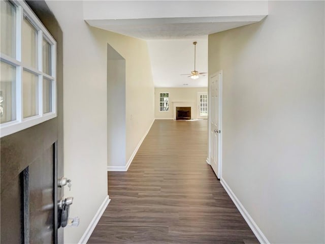 hallway featuring dark hardwood / wood-style flooring and vaulted ceiling