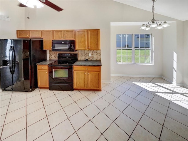 kitchen featuring light tile patterned flooring, tasteful backsplash, high vaulted ceiling, pendant lighting, and black appliances