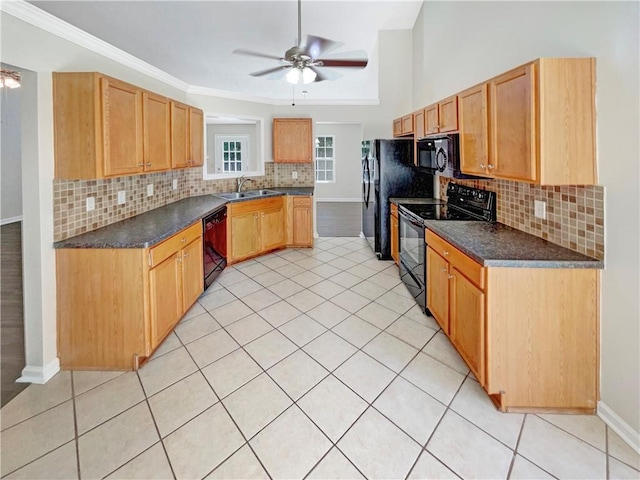 kitchen featuring sink, light tile patterned floors, ceiling fan, decorative backsplash, and black appliances