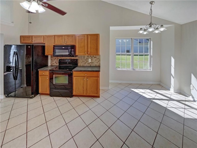 kitchen featuring black appliances, high vaulted ceiling, light tile patterned floors, pendant lighting, and backsplash