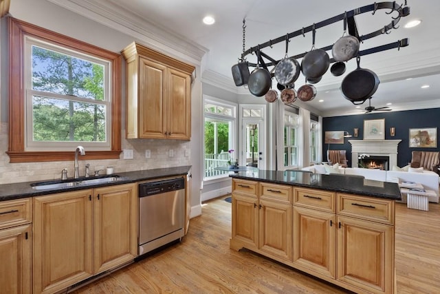 kitchen featuring stainless steel dishwasher, crown molding, a warm lit fireplace, a sink, and light wood-style flooring
