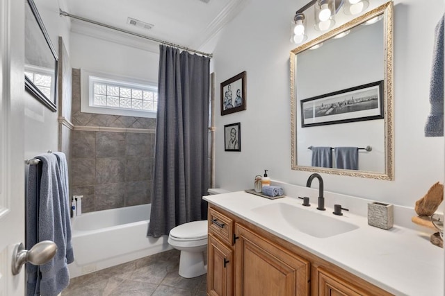 bathroom with toilet, shower / bath combo with shower curtain, ornamental molding, and vanity