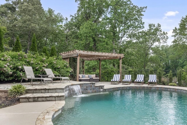 view of swimming pool with fence, a pergola, outdoor lounge area, a fenced in pool, and a patio