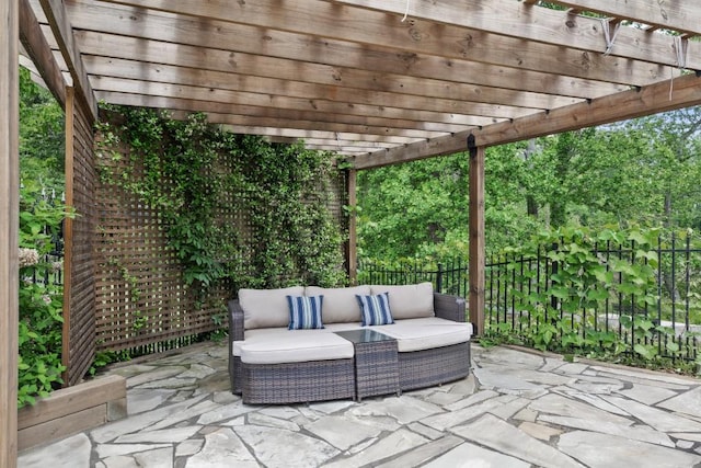 view of patio with fence, a pergola, and an outdoor hangout area