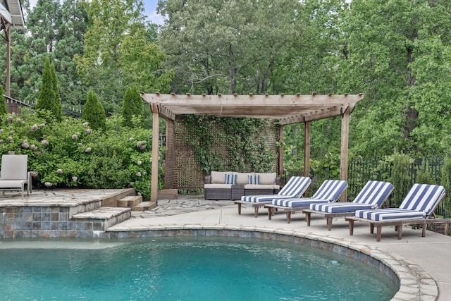 pool with a patio, an outdoor living space, and a pergola