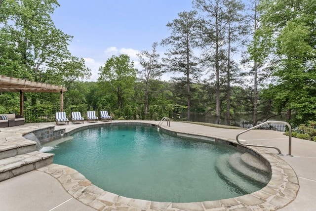 view of pool featuring a fenced in pool, fence, a pergola, and a patio area