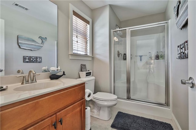 bathroom with tile patterned flooring, vanity, toilet, and an enclosed shower