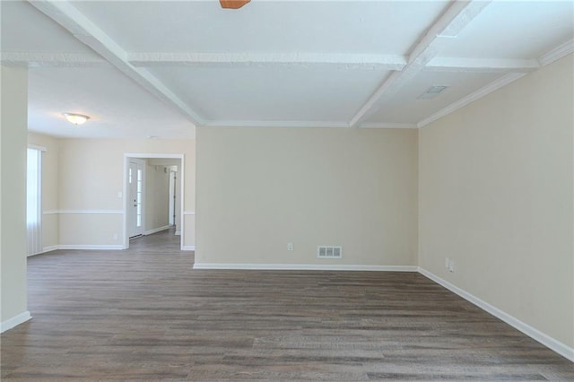 unfurnished room with dark hardwood / wood-style floors and beam ceiling