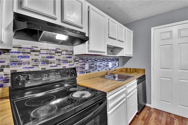 kitchen featuring stainless steel dishwasher, a sink, white cabinetry, black electric range, and under cabinet range hood