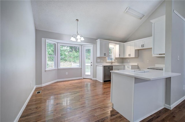 17 Fawn Ridge Dr SW, Cartersville, GA 30120 - kitchen featuring a peninsula, stainless steel dishwasher, a chandelier, lofted ceiling, and white cabinetry