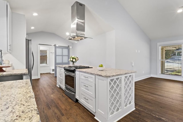 4178 Castle Pines Ct, Tucker, GA 30084 - kitchen with stainless steel appliances, extractor fan, lofted ceiling, a barn door, and dark wood-style flooring