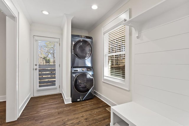 4178 Castle Pines Ct, Tucker, GA 30084 - laundry room featuring stacked washer / dryer, dark wood-style flooring, and recessed lighting