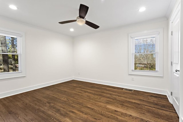 4178 Castle Pines Ct, Tucker, GA 30084 - unfurnished room featuring crown molding, dark wood-type flooring, recessed lighting, and a ceiling fan