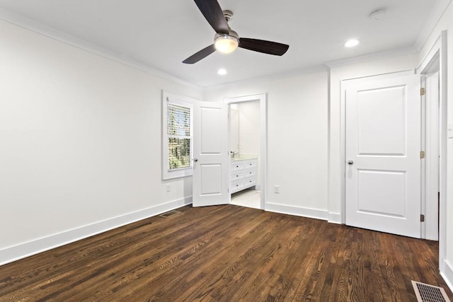 4178 Castle Pines Ct, Tucker, GA 30084 - unfurnished bedroom with crown molding, dark wood-style floors, recessed lighting, and a ceiling fan