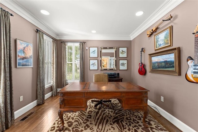 1374 Riverside Dr, Gainesville, GA 30501 - office area featuring wood finished floors, baseboards, crown molding, and recessed lighting