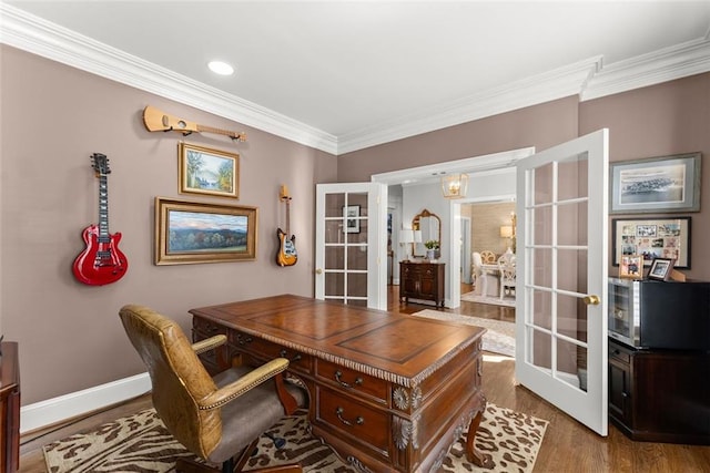 1374 Riverside Dr, Gainesville, GA 30501 - home office featuring french doors, crown molding, wood finished floors, recessed lighting, and baseboards