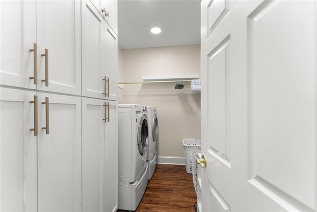 1374 Riverside Dr, Gainesville, GA 30501 - washroom featuring cabinet space, washing machine and clothes dryer, baseboards, dark wood-style flooring, and recessed lighting