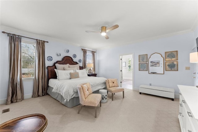 1374 Riverside Dr, Gainesville, GA 30501 - bedroom with ornamental molding, light colored carpet, ceiling fan, baseboards, and connected bathroom