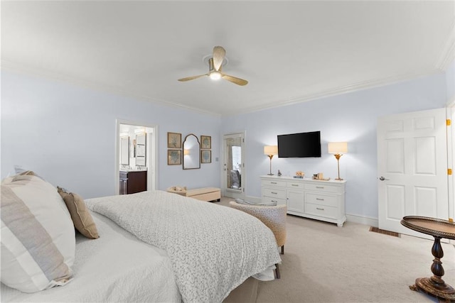 1374 Riverside Dr, Gainesville, GA 30501 - bedroom with crown molding, light colored carpet, a ceiling fan, and baseboards
