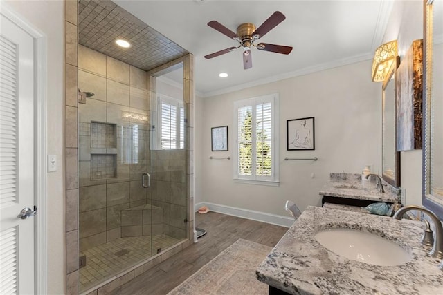 1374 Riverside Dr, Gainesville, GA 30501 - full bath with ornamental molding, vanity, a stall shower, wood finished floors, and baseboards