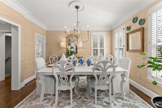 1374 Riverside Dr, Gainesville, GA 30501 - dining area with baseboards, a chandelier, wallpapered walls, healthy amount of natural light, and wood finished floors