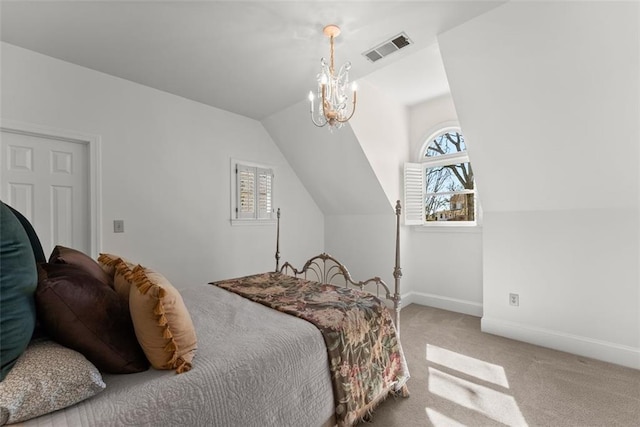 1374 Riverside Dr, Gainesville, GA 30501 - bedroom featuring multiple windows, a chandelier, carpet, baseboards, and vaulted ceiling