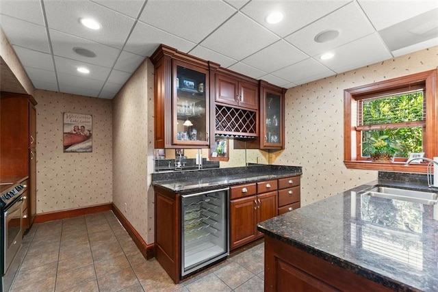 1374 Riverside Dr, Gainesville, GA 30501 - indoor wet bar with beverage cooler, wallpapered walls, tile patterned floors, baseboards, and a drop ceiling
