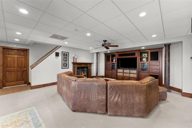 1374 Riverside Dr, Gainesville, GA 30501 - carpeted living room with a ceiling fan, baseboards, recessed lighting, and a glass covered fireplace