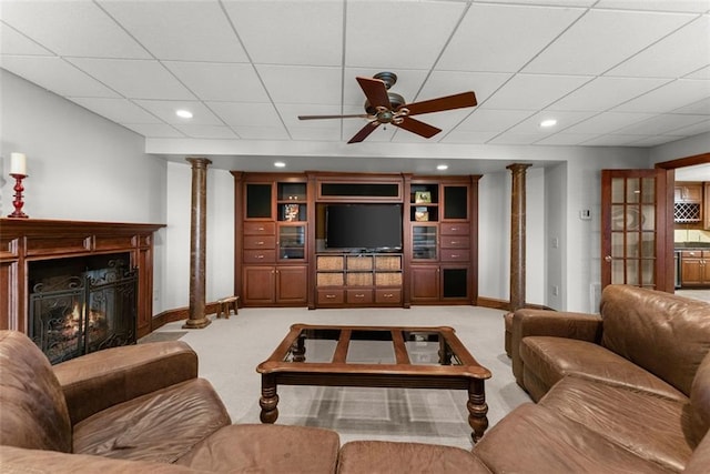 1374 Riverside Dr, Gainesville, GA 30501 - living room with carpet flooring, ornate columns, baseboards, recessed lighting, and a paneled ceiling