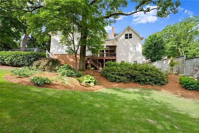 1374 Riverside Dr, Gainesville, GA 30501 - rear view of property with stairs, a wooden deck, stucco siding, and a chimney