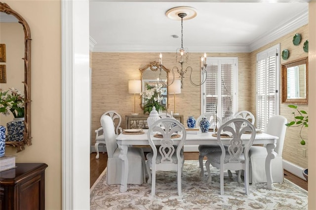 1374 Riverside Dr, Gainesville, GA 30501 - dining space with a chandelier, ornamental molding, wood finished floors, baseboards, and wallpapered walls