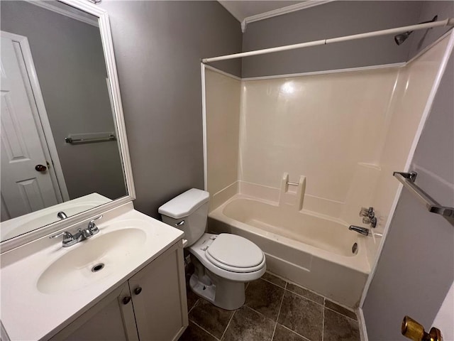 full bathroom featuring vanity, toilet, shower / washtub combination, and crown molding