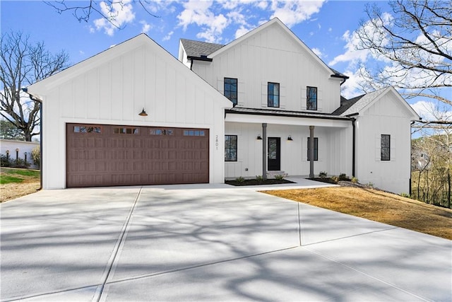 modern farmhouse style home featuring board and batten siding, a porch, concrete driveway, roof with shingles, and an attached garage