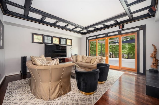 1216 E Rock Springs Rd NE, Atlanta, GA 30306 - living room featuring coffered ceiling, wood finished floors, beam ceiling, and baseboards