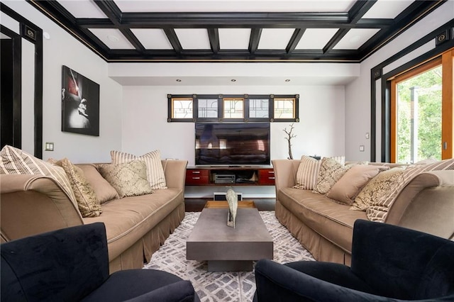 1216 E Rock Springs Rd NE, Atlanta, GA 30306 - living area with coffered ceiling, beamed ceiling, and ornamental molding