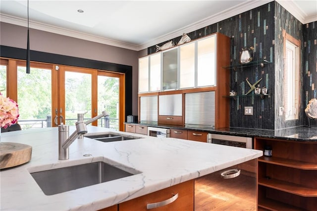1216 E Rock Springs Rd NE, Atlanta, GA 30306 - kitchen featuring ornamental molding, open shelves, a sink, light stone counters, and french doors