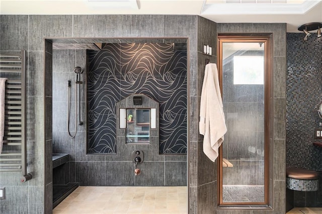 1216 E Rock Springs Rd NE, Atlanta, GA 30306 - bathroom featuring tile walls, a towel warming rack, a tile shower, and radiator