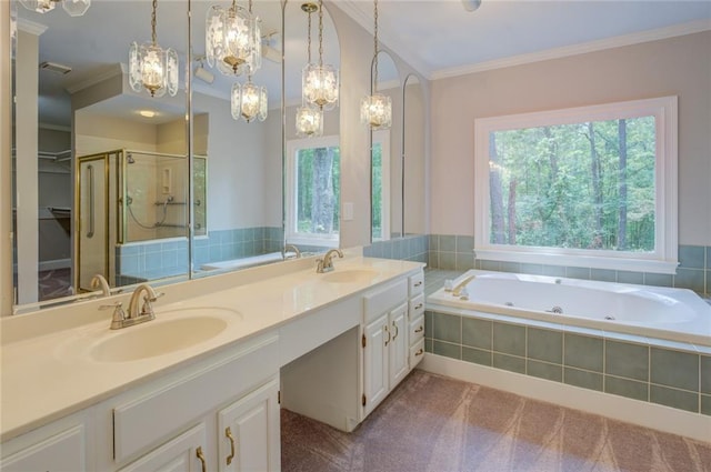 13935 Brown Bridge Rd, Covington, GA 30016 - bathroom featuring healthy amount of natural light, ornamental molding, a stall shower, a tub with jets, and a chandelier