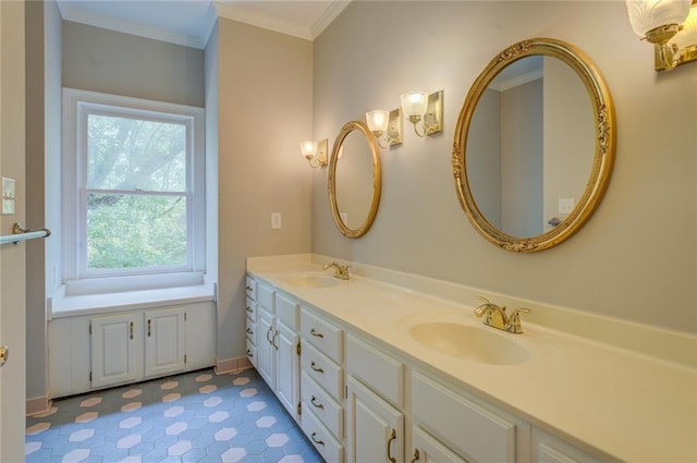 13935 Brown Bridge Rd, Covington, GA 30016 - full bath with double vanity, crown molding, baseboards, and tile patterned floors