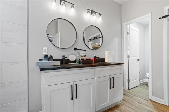 bathroom featuring double vanity, toilet, wood finished floors, and a sink