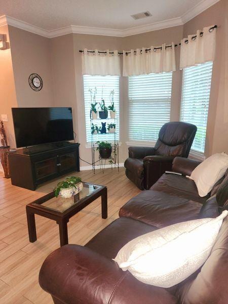 5449 Festival Ave, Fairburn, GA 30213 - living room with crown molding and light wood-type flooring